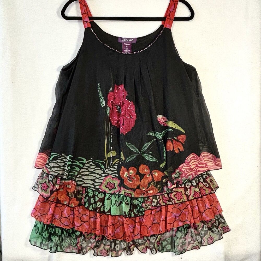 TAILLISSIME Sleeveless Top Tiered Ruffle Semi Sheer Layers Beaded Floral